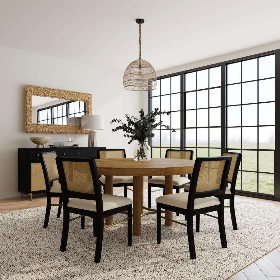 ARINI 7-PIECE ROUND DINING TABLE SET SAND WASH AND BLACK