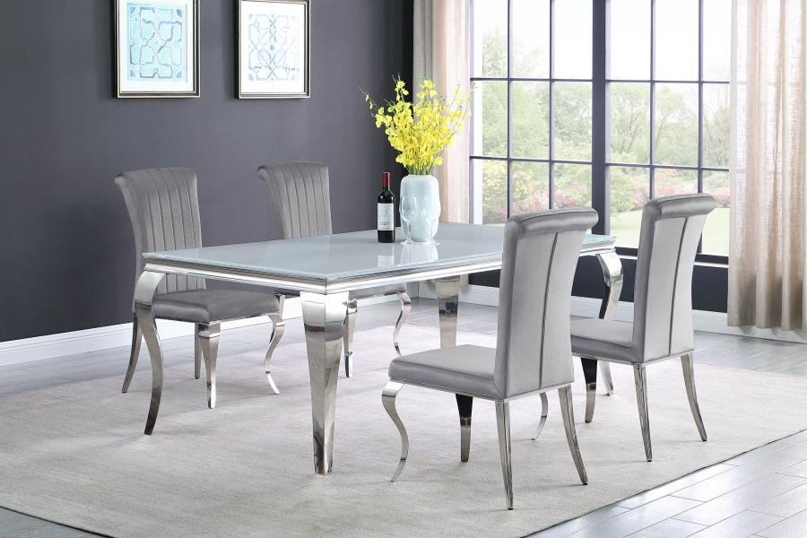 CARONE 5-PIECE 81-INCH RECTANGULAR WHITE GLASS DINING SET GREY