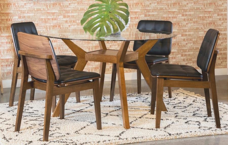 PAXTON 5-PIECE ROUND GLASS TOP DINING TABLE SET BROWN