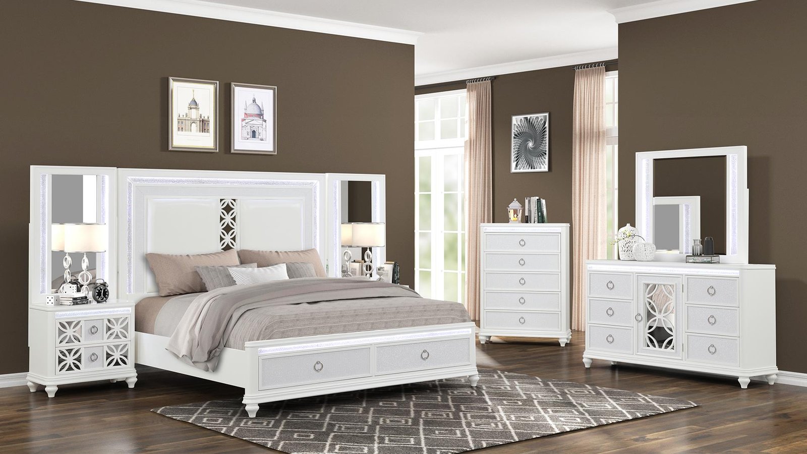 ABIGALE KING 5 PC BEDROOM SET WITH MIRROR TOP NIGHTSTAND