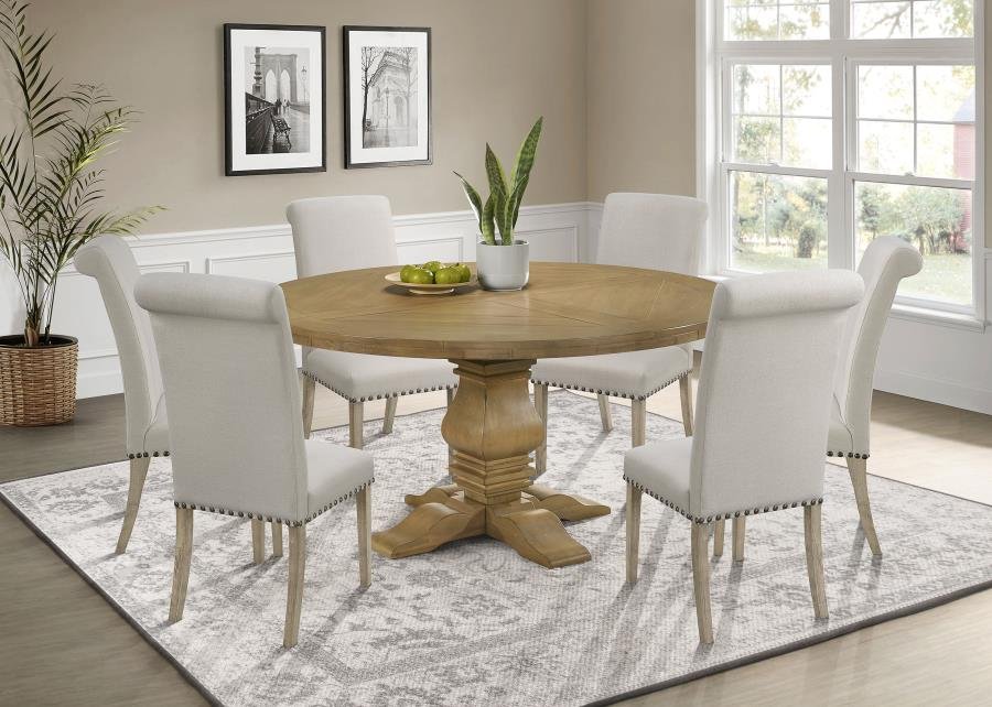 FLORENCE 7-PIECE ROUND DINING TABLE SET RUSTIC HONEY