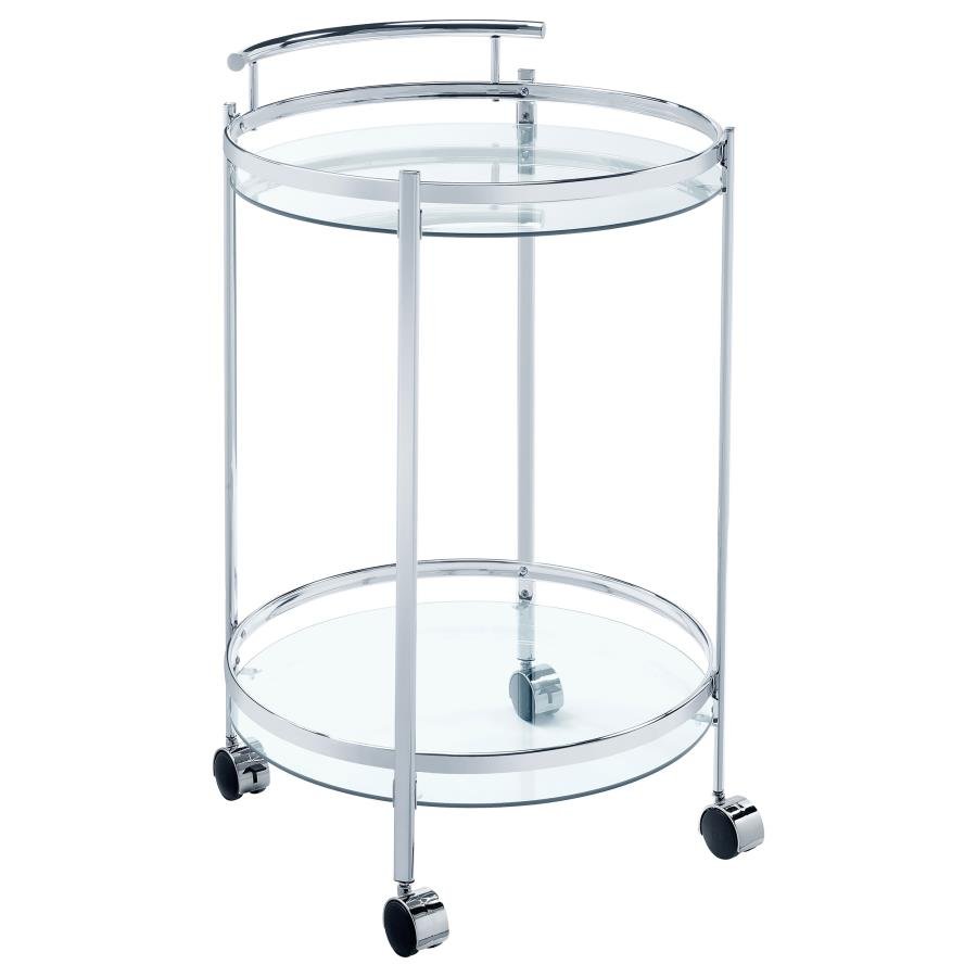 CHRISSY ROUND GLASS SHELF METAL BAR CART CHROME