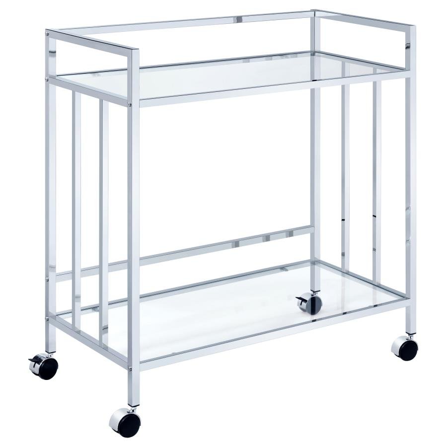 CARA 2-TIER RECTANGULAR GLASS SHELF METAL BAR CART CHROME