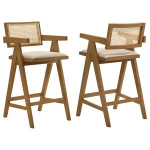 KANE WOVEN RATTAN WOOD BAR CHAIR LIGHT WALNUT (SET OF 2)