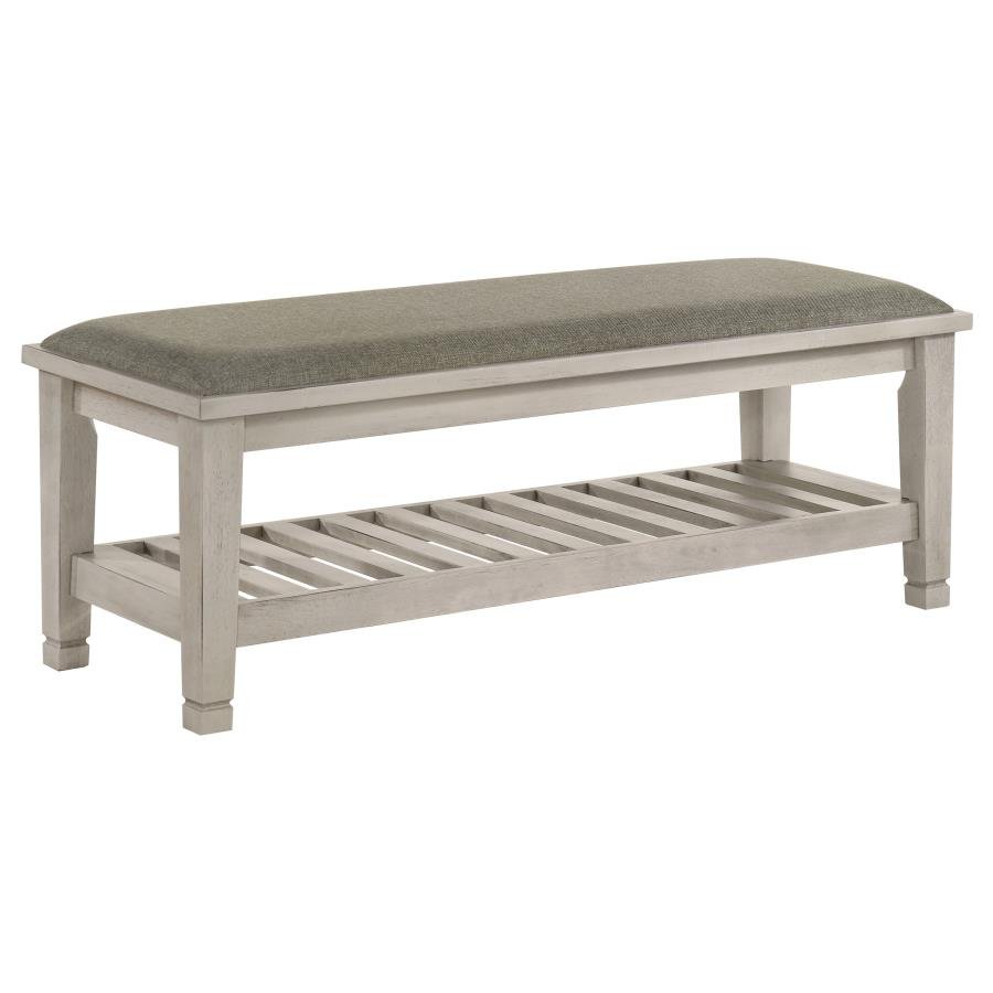 FRANCO FABRIC UPHOLSTERED BENCH WITH SHELF DISTRESSED WHITE