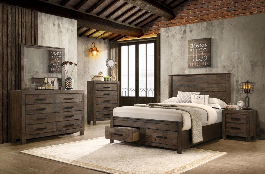 WOODMONT 5-PIECE QUEEN BEDROOM SET RUSTIC GOLDEN BROWN