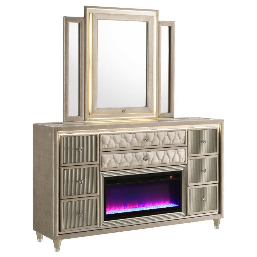 LORIENT 8-DRAWER LED FLAME BOX DRESSER AND MIRROR IVORY CAMEL