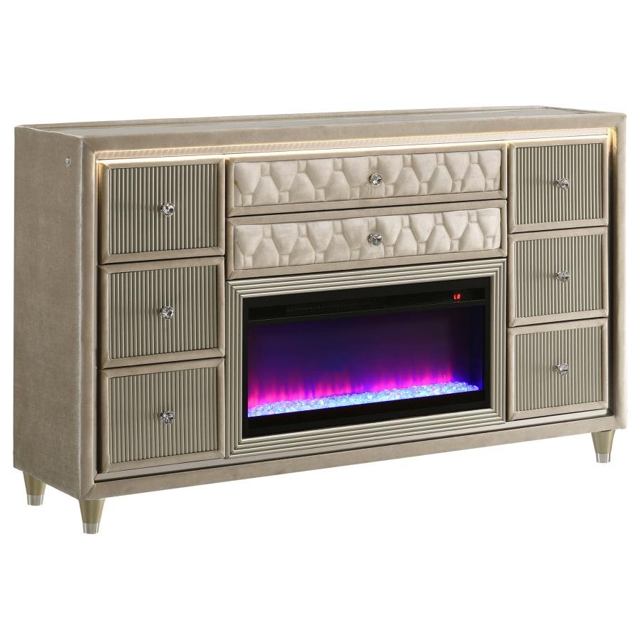 LORIENT 8-DRAWER LED BEDROOM FLAME BOX DRESSER IVORY CAMEL