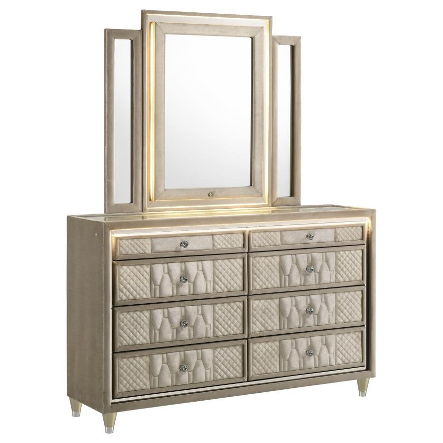 LORIENT 8-DRAWER LED DRESSER WITH MIRROR IVORY AND CAMEL