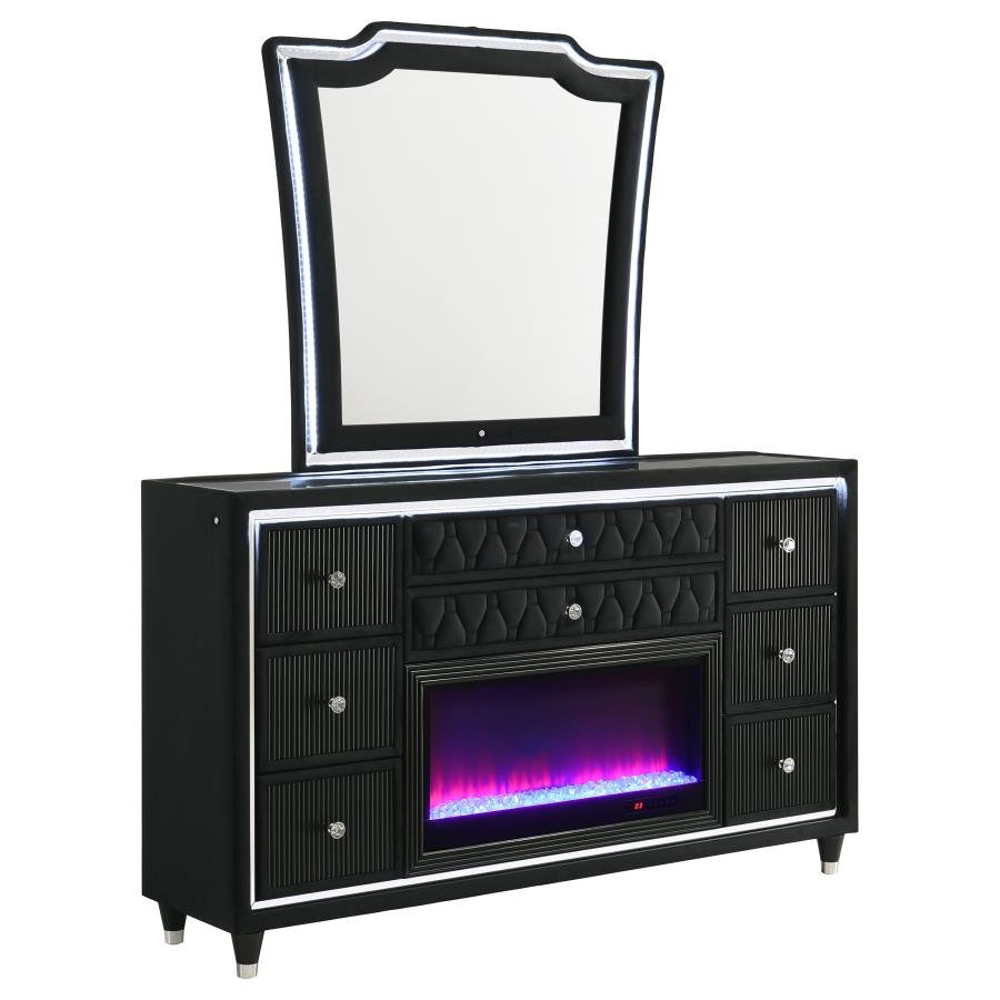 LORIENT 8-DRAWER LED FLAME BOX DRESSER AND MIRROR BLACK