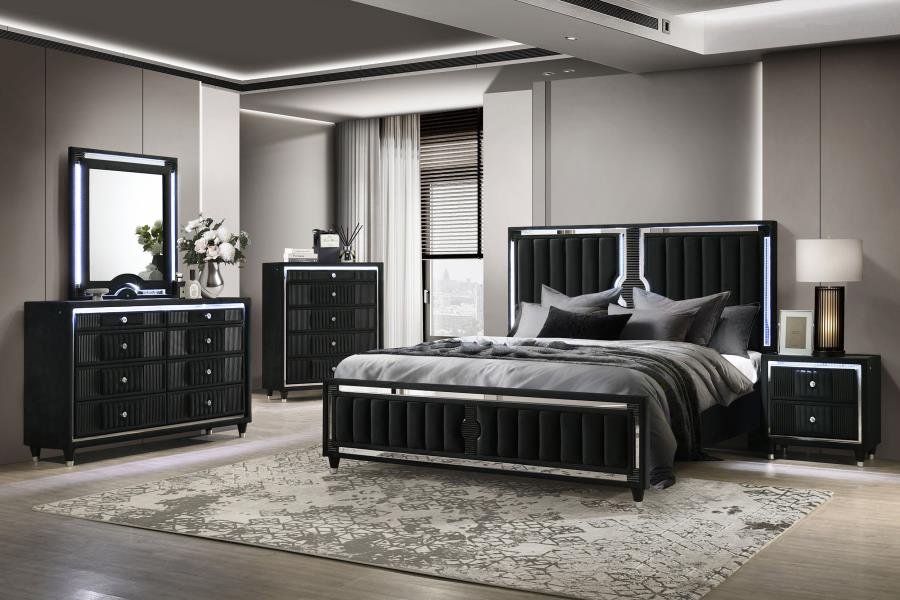 RAVENNE 5-PIECE VELVET UPHOLSTERED QUEEN LED BEDROOM SET BLACK