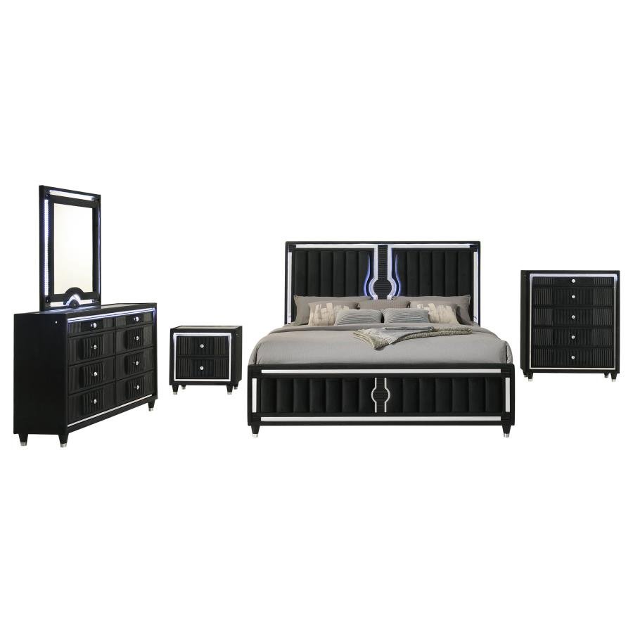 RAVENNE 5-PIECE VELVET UPHOLSTERED QUEEN LED BEDROOM SET BLACK - Image 2