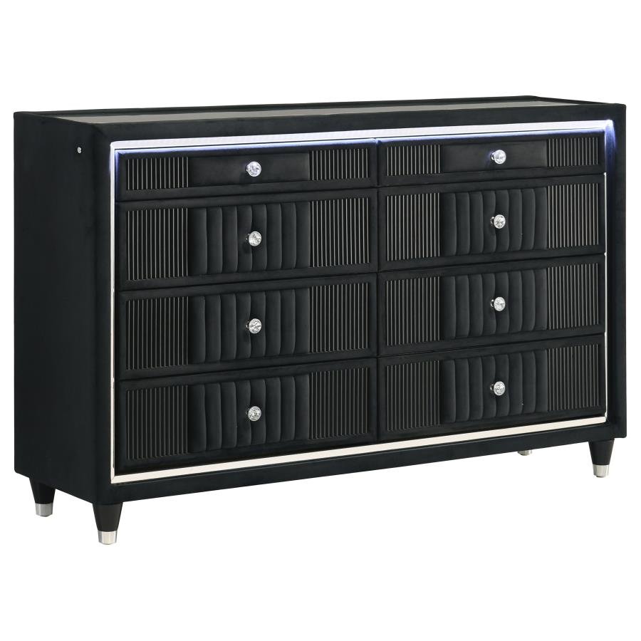 RAVENNE 6-DRAWER VELVET UPHOLSTERED LED DRESSER CABINET BLACK