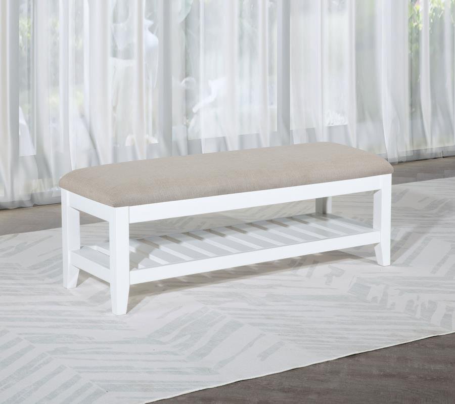 BEXHILL UPHOLSTERED RECTANGULAR BENCH WITH SHELF WHITE - Image 2