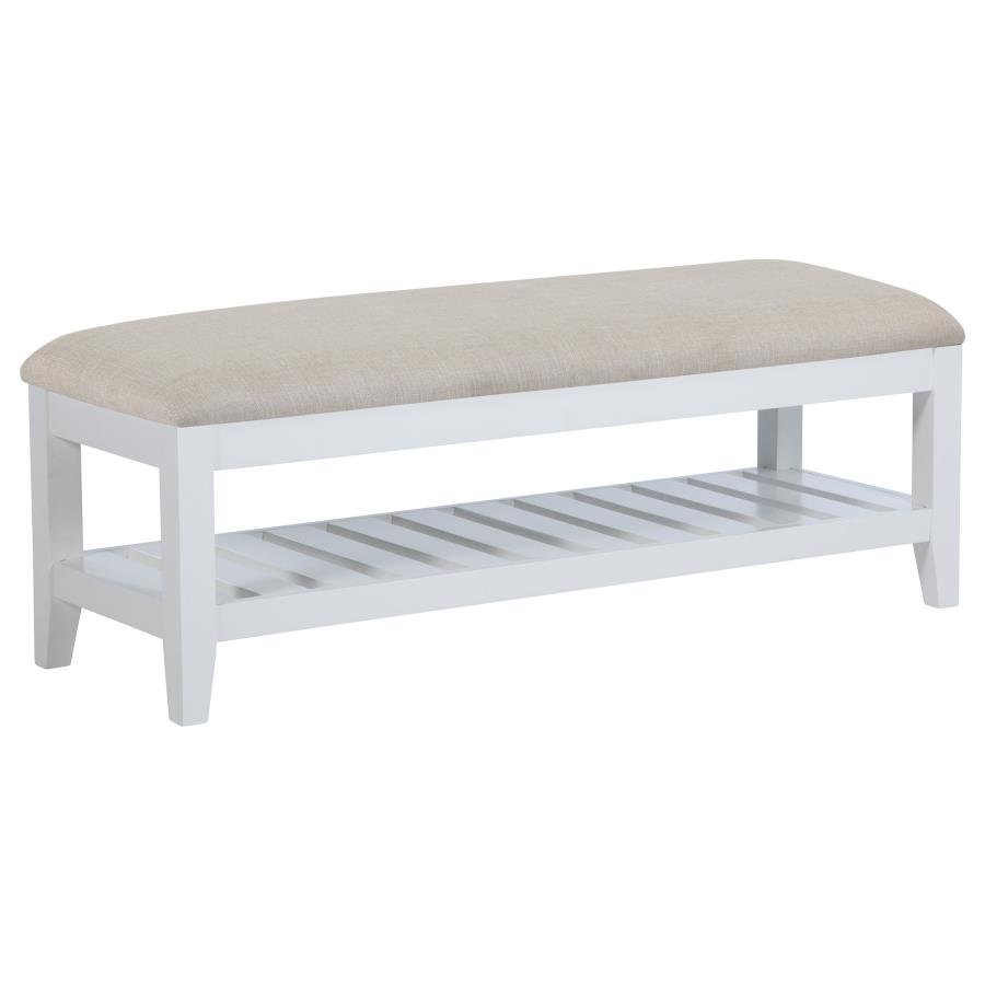 BEXHILL UPHOLSTERED RECTANGULAR BENCH WITH SHELF WHITE