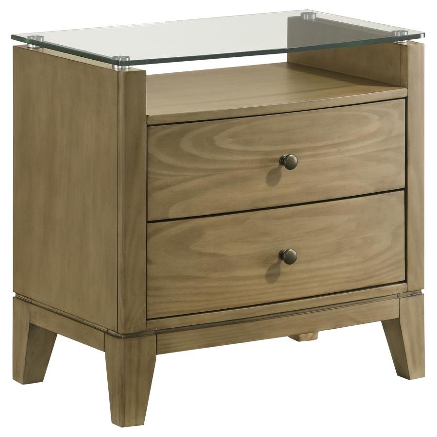 GRANADA 2-DRAWER GLASS TOP NIGHTSTAND NATURAL PINE