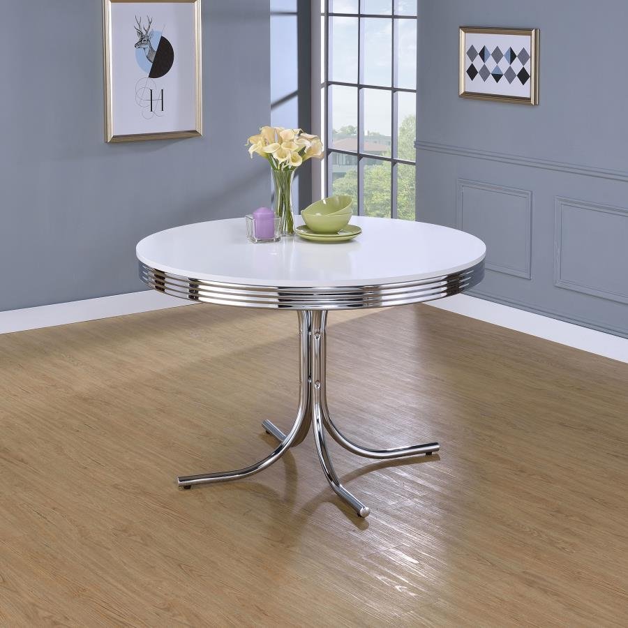 RETRO ROUND 42-INCH WOOD TOP DINING TABLE WHITE AND CHROME - Image 2