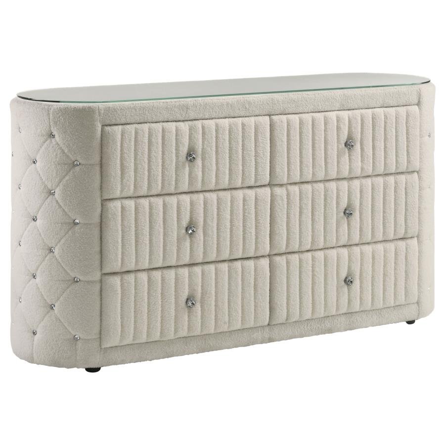 SONYA 6-DRAWER UPHOLSTERED BEDROOM DRESSER IVORY
