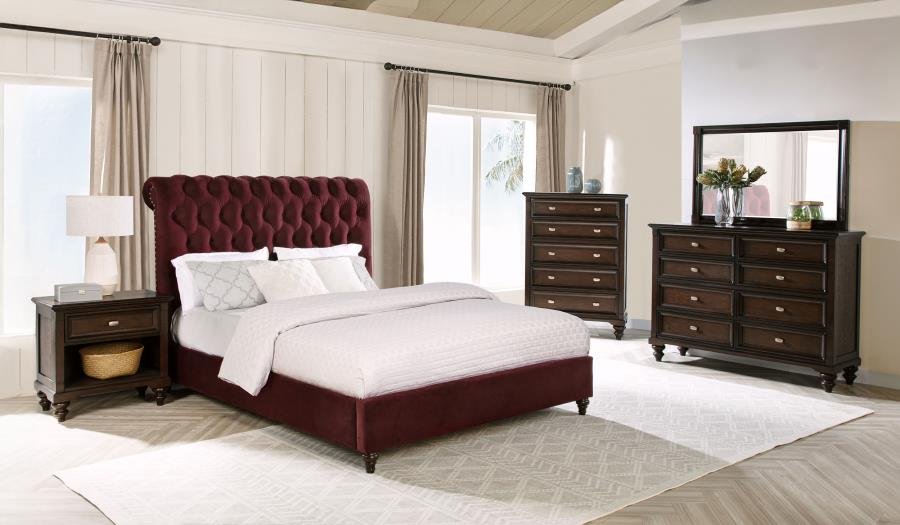DEVON 5-PIECE QUEEN BEDROOM SET WINE RED AND DARK OAK