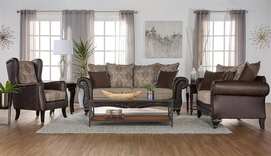 ELMBROOK 3-PIECE UPHOLSTERED ROLLED ARM SOFA SET BROWN