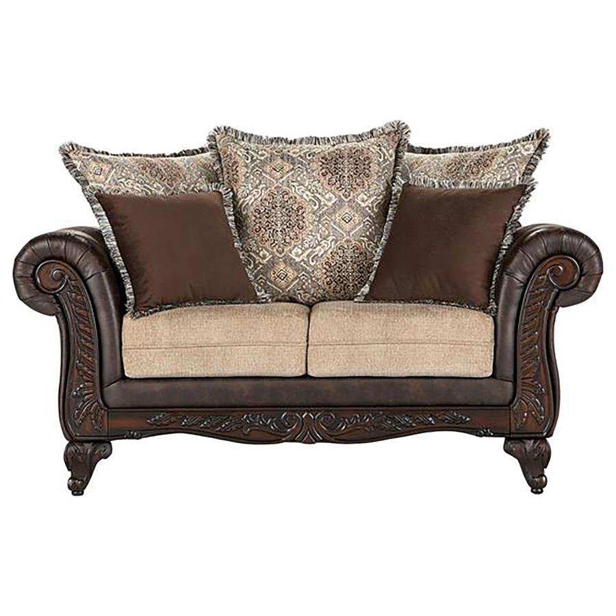 ELMBROOK UPHOLSTERED ROLLED ARM LOVESEAT BROWN