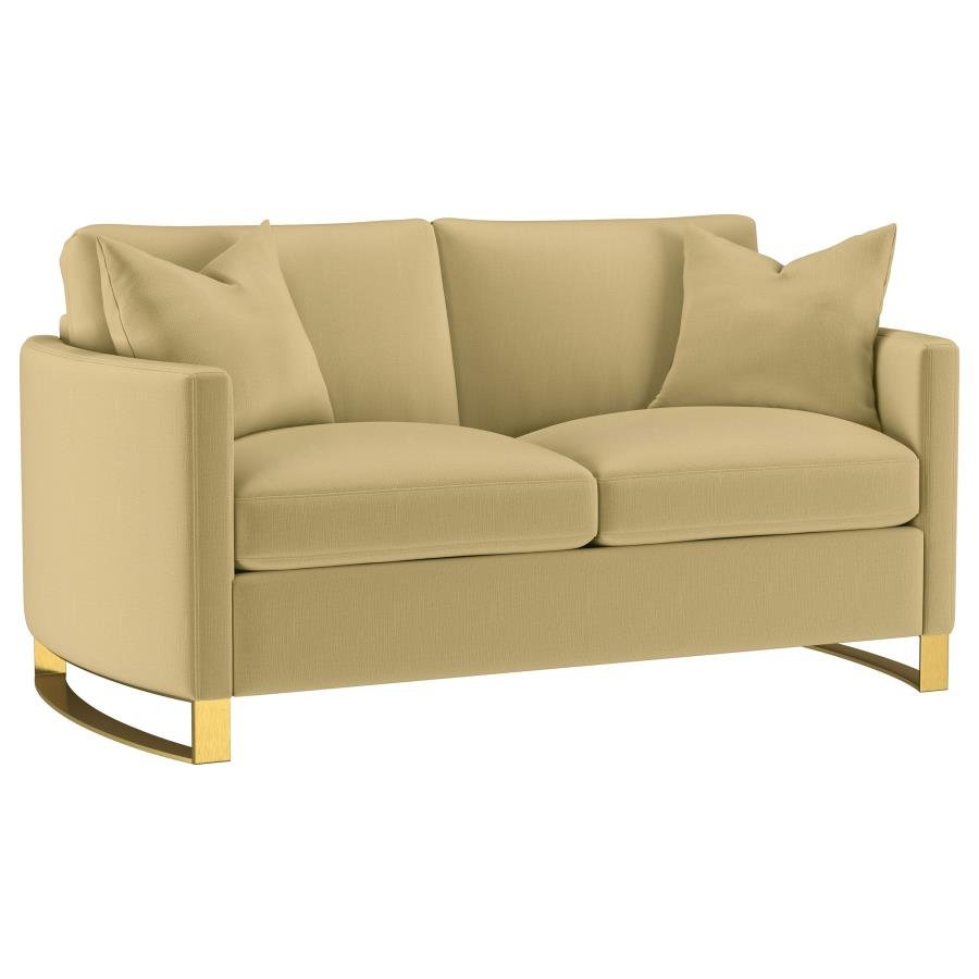 CORLISS UPHOLSTERED CURVED TRACK ARM LOVESEAT CAMEL