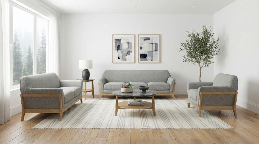 VAUGHN 3-PIECE FABRIC UPHOLSTERED FLARED ARM SOFA SET GREY