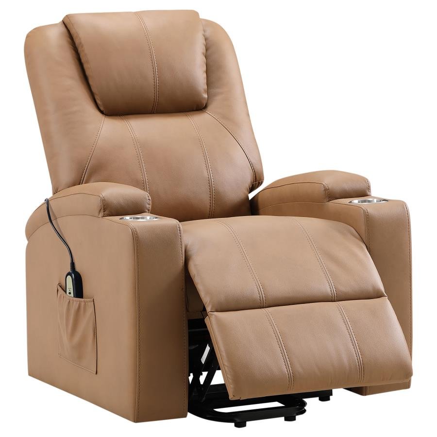 ARMSTRONG UPHOLSTERED POWER LIFT MASSAGE RECLINER CAMEL
