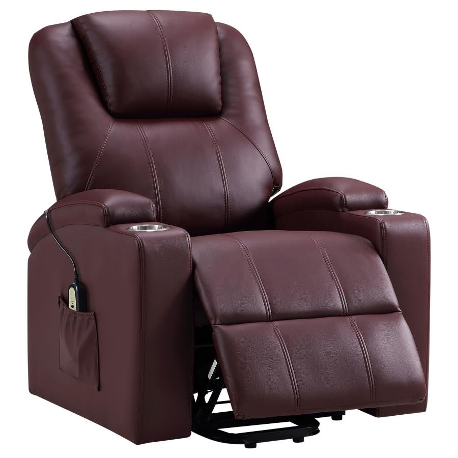 ARMSTRONG UPHOLSTERED POWER LIFT MASSAGE RECLINER WINE