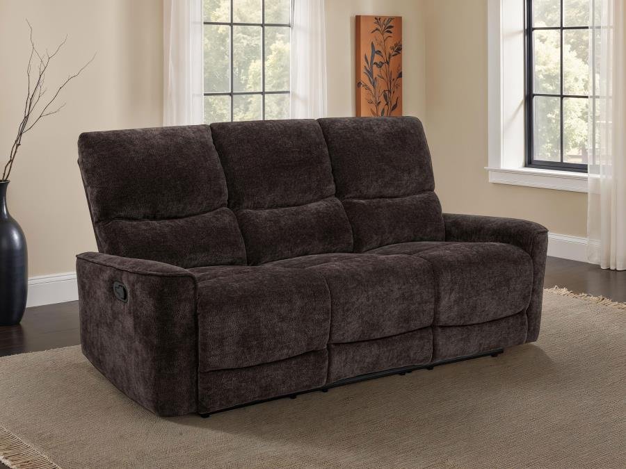 NAVARRO CHENILLE UPHOLSTERED RECLINING SOFA DARK BROWN - Image 2