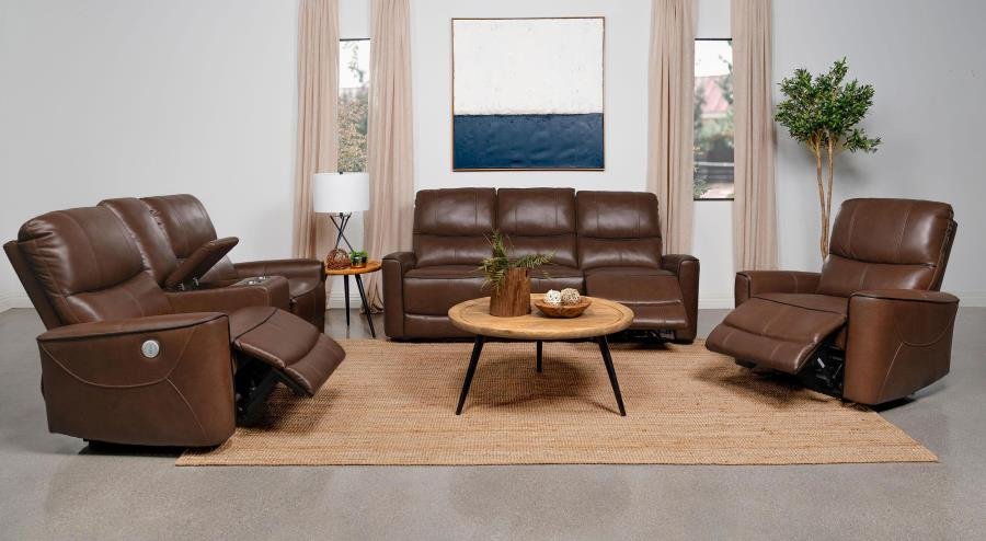 GREENFIELD 3-PIECE POWER RECLINING SOFA SET SADDLE BROWN