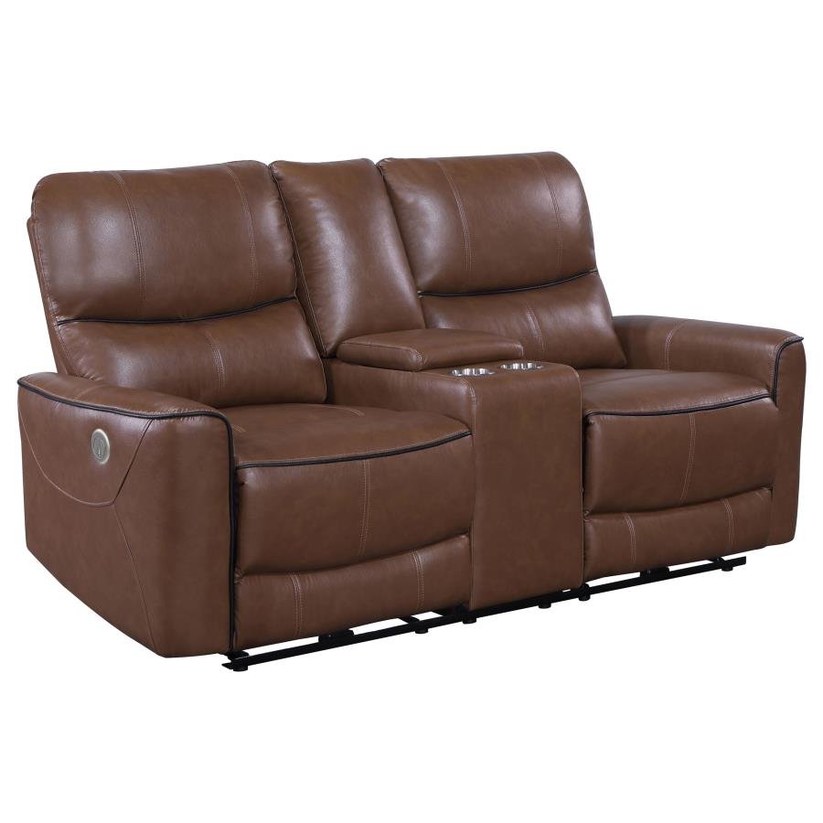 GREENFIELD UPHOLSTERED POWER RECLINING LOVESEAT SADDLE BROWN