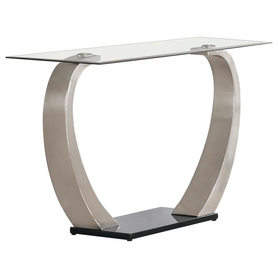 PRUITT GLASS TOP METAL BASE CONSOLE TABLE SATIN SILVER