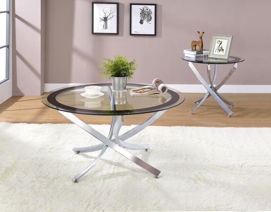 BROOKE 2-PIECE ROUND COFFEE AND END TABLE SET CHROME