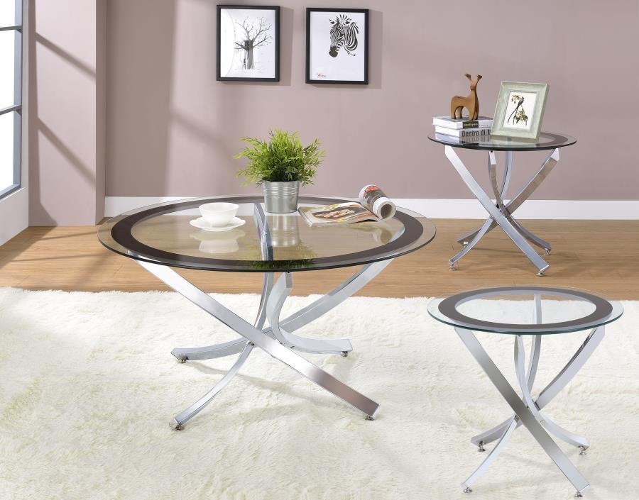 BROOKE 3-PIECE ROUND COFFEE AND END TABLE SET CHROME