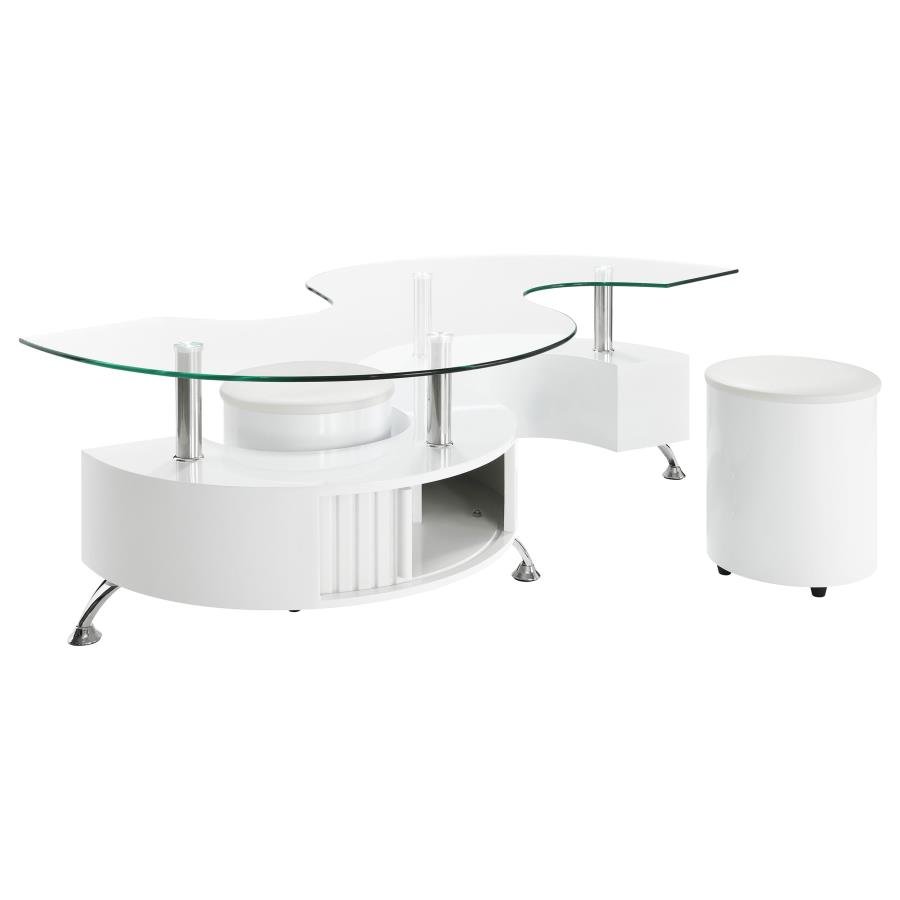 BUCKLEY 3-PIECE COFFEE TABLE AND STOOLS SET WHITE HIGH GLOSS