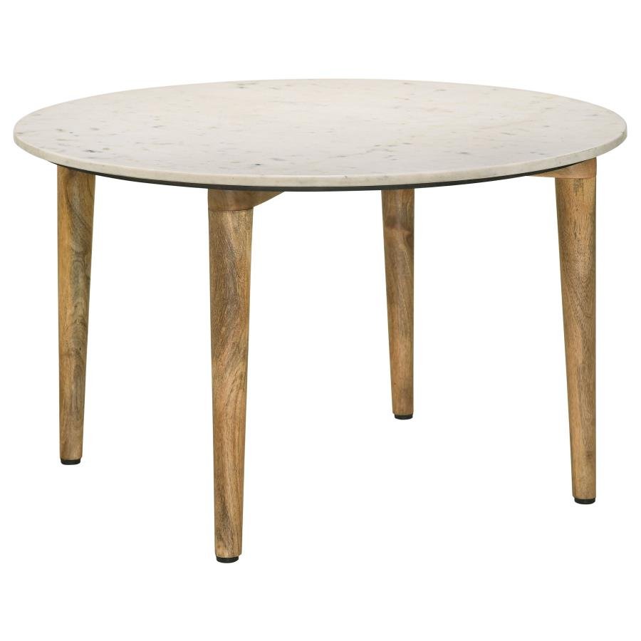 ALDIS ROUND MARBLE TOP COFFEE TABLE WHITE AND NATURAL
