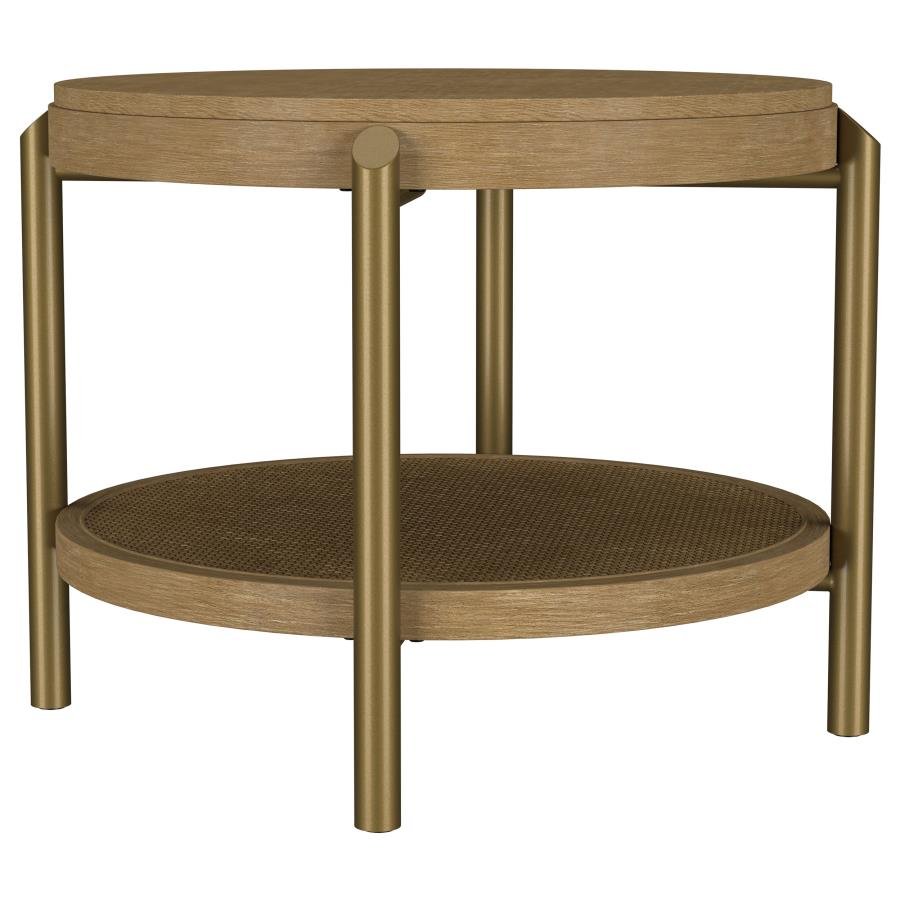 ARINI ROUND END SIDE TABLE WITH STORAGE SHELF SAND WASH