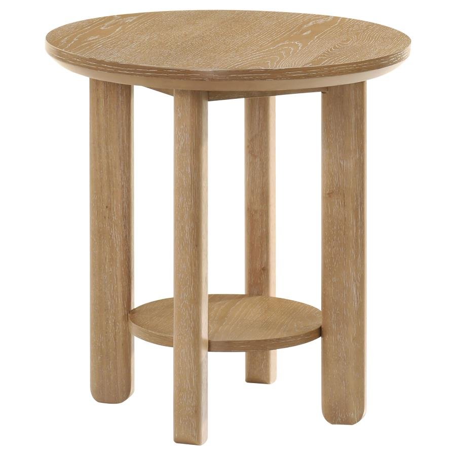 OTTOWA ROUND WOOD SIDE END TABLE WITH SHELF LIGHT OAK
