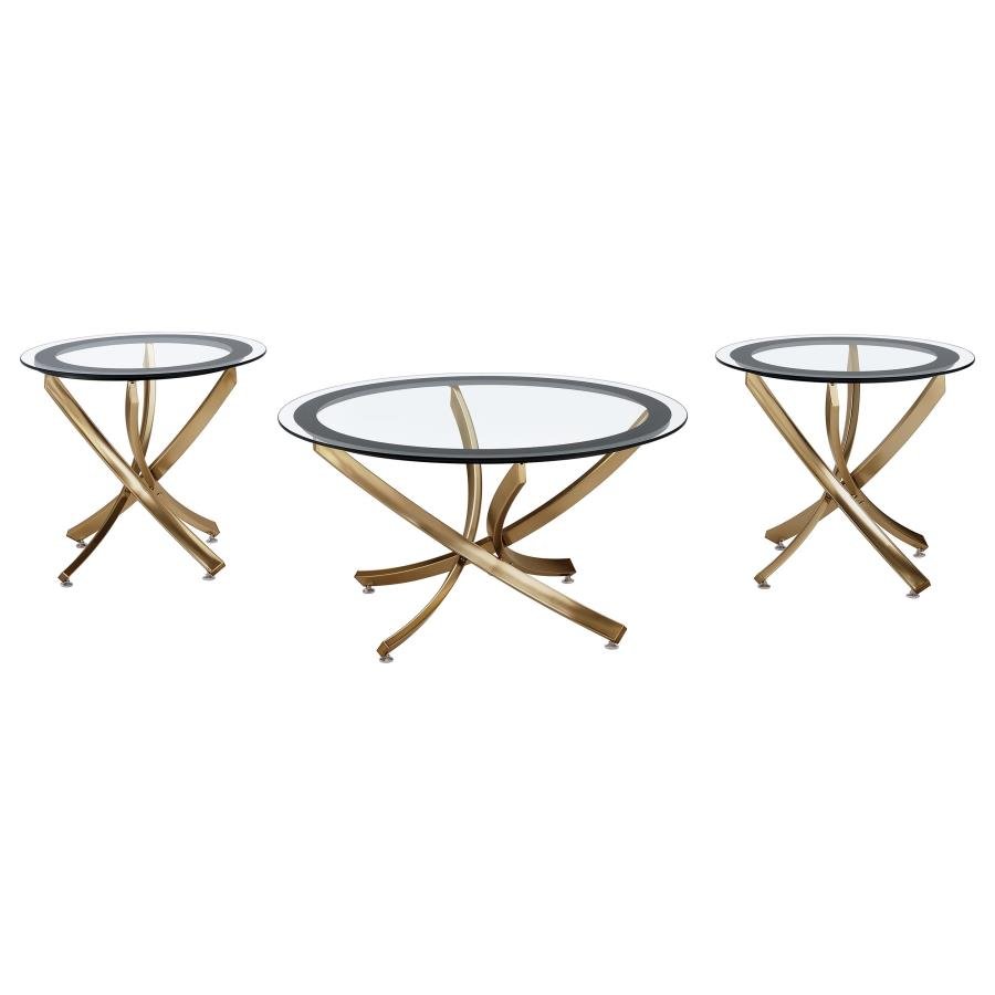 BROOKE 3-PIECE ROUND COFFEE AND END TABLE SET ROSE BRASS