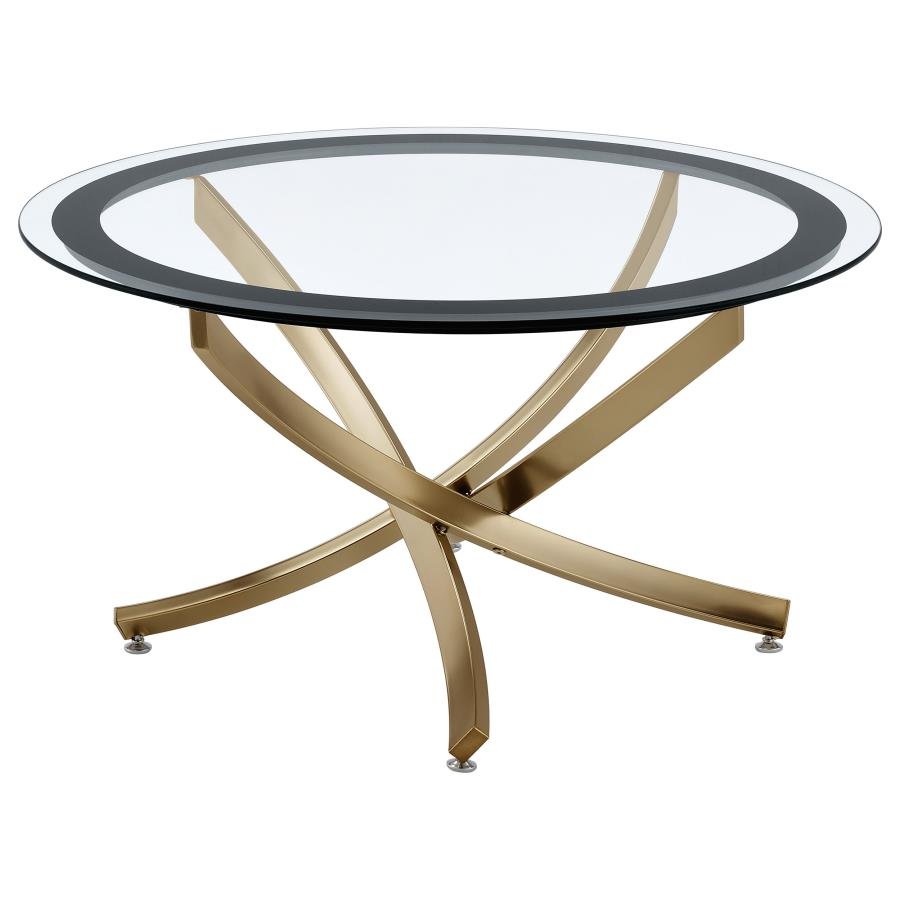 BROOKE ROUND GLASS TOP COFFEE TABLE METAL BASE BRASS