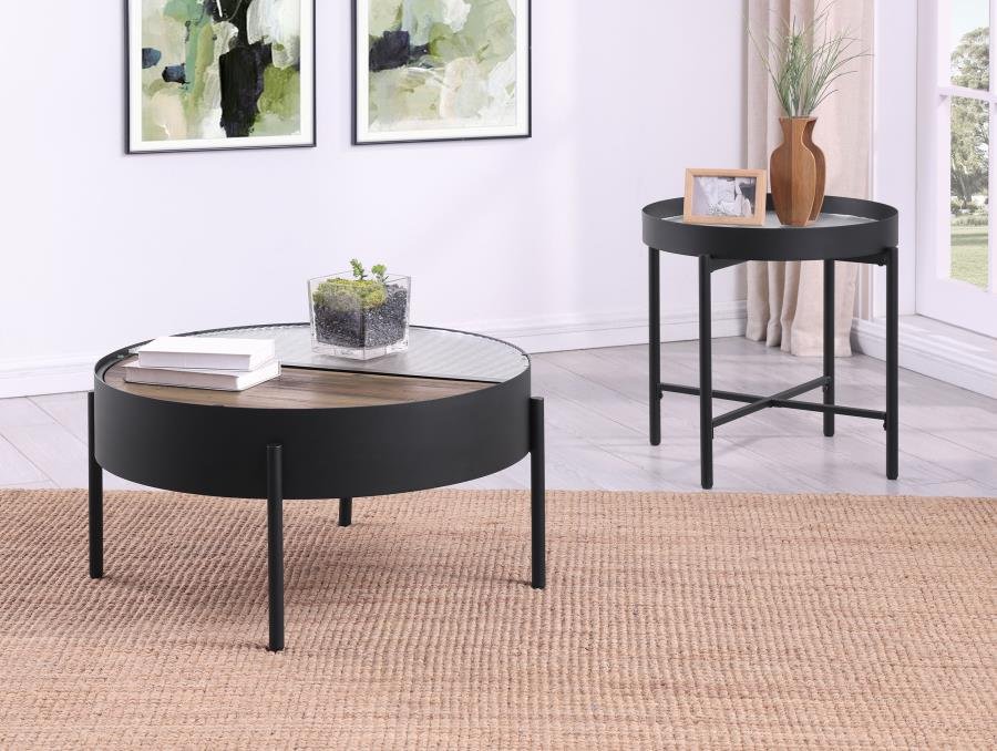 OZELLA 2-PIECE ROUND COFFEE AND END TABLE SET SANDY BLACK