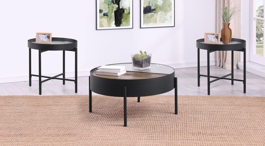 OZELLA 3-PIECE ROUND COFFEE AND END TABLE SET SANDY BLACK