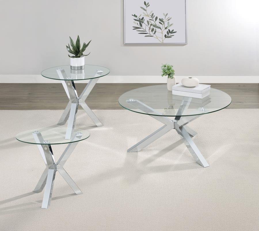 KENZIE 3-PIECE ROUND COFFEE AND END TABLE SET CHROME