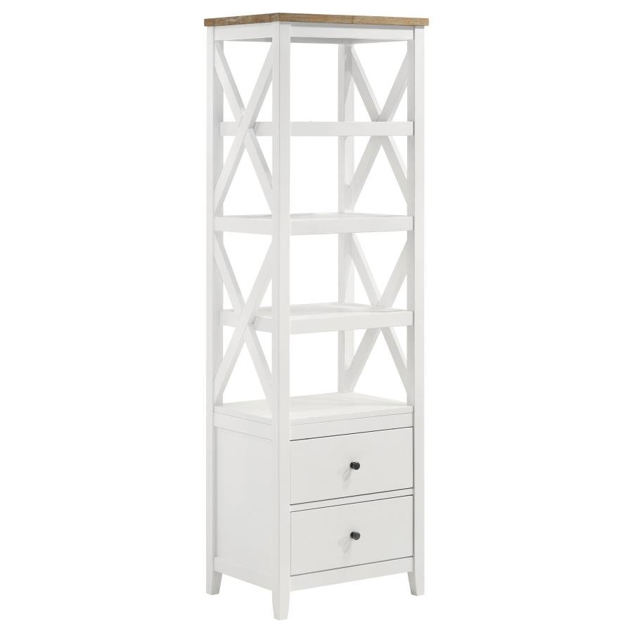 HOLLIS 4-SHELF WOOD MEDIA TOWER WITH DRAWERS BROWN AND WHITE