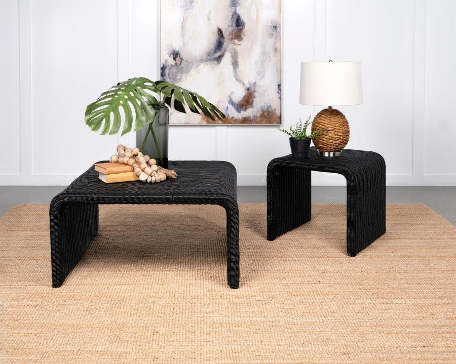 CAHYA 2-PIECE RATTAN COFFEE AND END TABLE SET BLACK