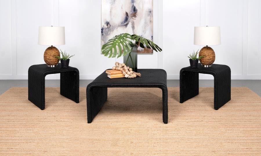 CAHYA 3-PIECE RATTAN COFFEE AND END TABLE SET BLACK