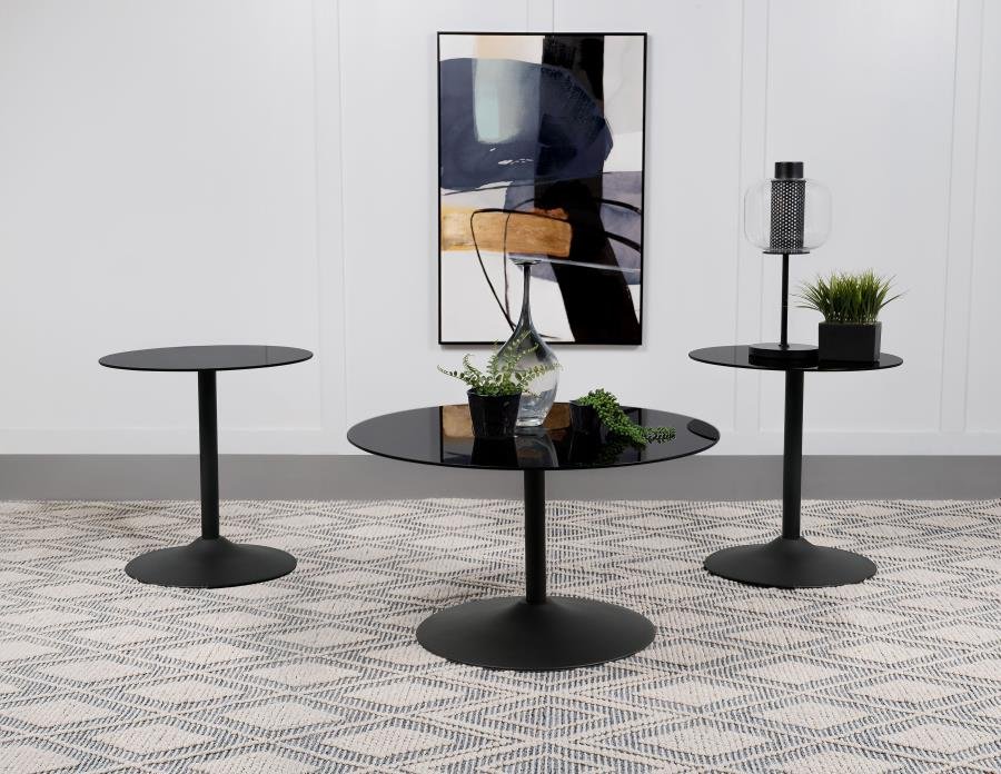 GANSO 3-PIECE ROUND GLASS TOP COFFEE AND END TABLE SET BLACK