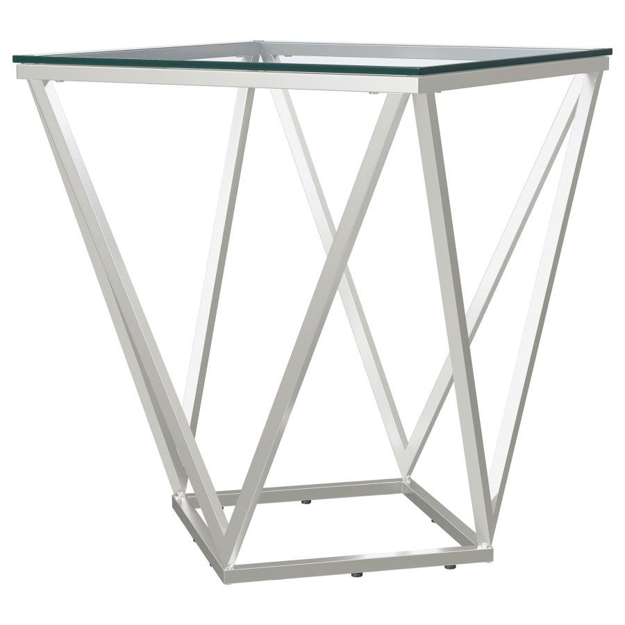 BRITTANIA SQUARE GLASS TOP GEOMETRIC END TABLE NICKEL