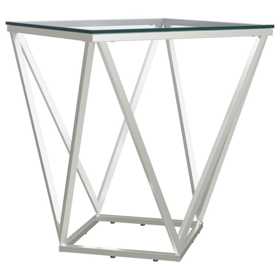 BRITTANIA SQUARE GLASS TOP GEOMETRIC END TABLE NICKEL - Image 4